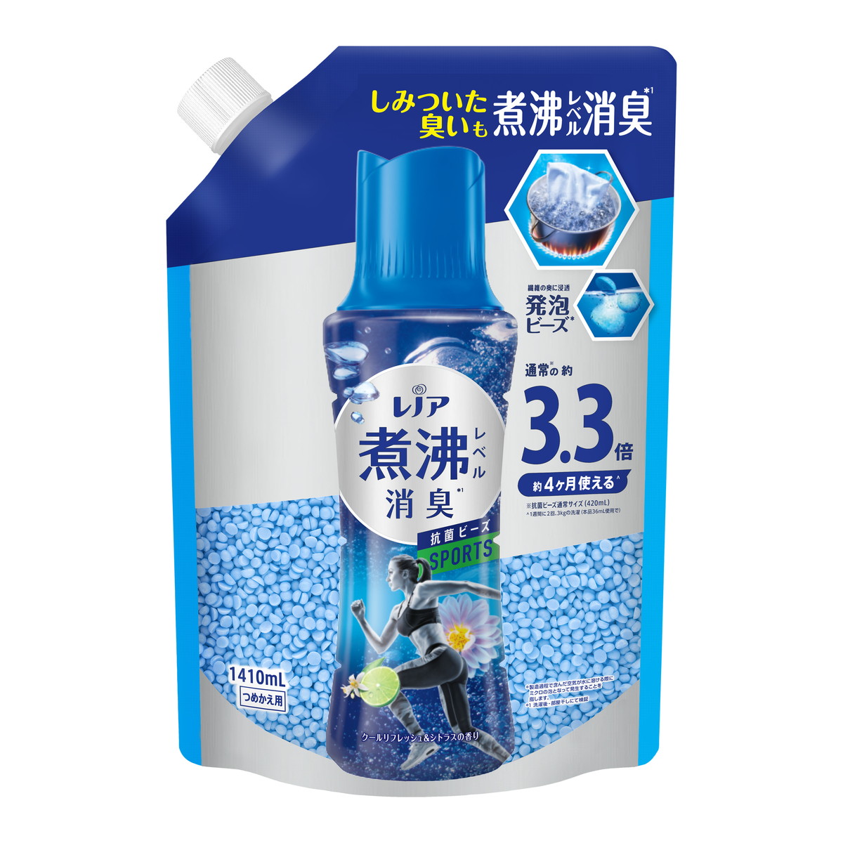 【送料込・まとめ買い×4個セット】P&G レノア 煮沸レベル 消臭 抗菌ビーズ スポーツ クールリフレッシュ&シトラスの香り つめかえ用 超特大 1410mL