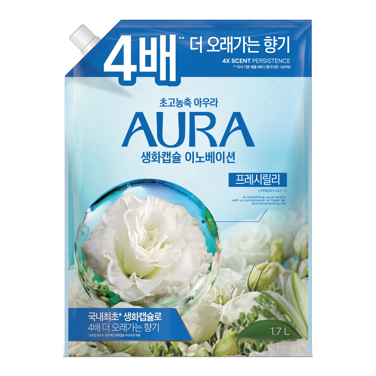 【送料込・まとめ買い×8個セット】トイレタリージャパン 香りサフロン 柔軟剤 AURA 生花カプセル フレッシュリリー つめかえ用 1700ml