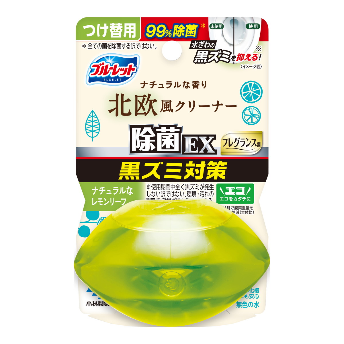 【送料込・まとめ買い×48個セット】小林製薬 液体 ブルーレット おくだけ 除菌EX 黒ズミ対策 フレグランス調 つけ替用 北欧風クリーナー ナチュラルなレモンリーフ|ケンコウlife