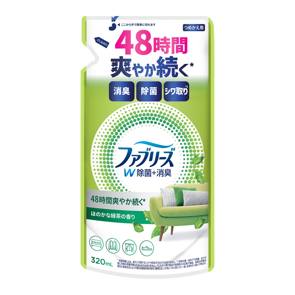 【送料込・まとめ買い×24個セット】P&G ファブリーズ W除菌+消臭 ほのかな緑茶の香り つめかえ用 320mL