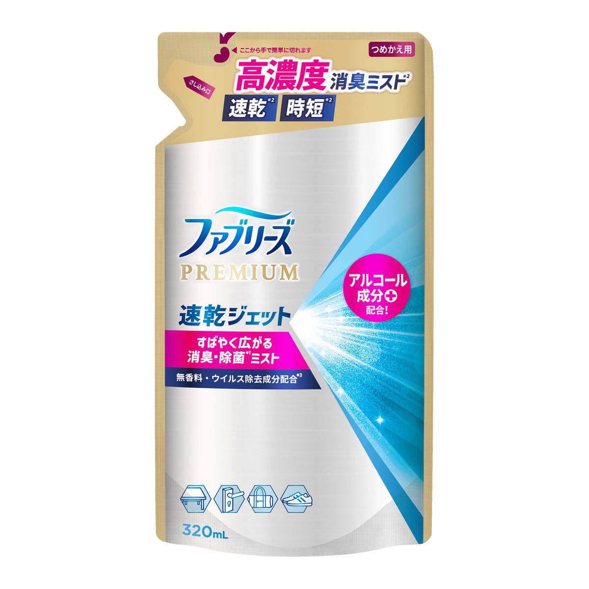 【送料込・まとめ買い×8個セット】P&G ファブリーズ PREMIUM 速乾ジェット 無香料 アルコール成分入り つめかえ用 320mL
