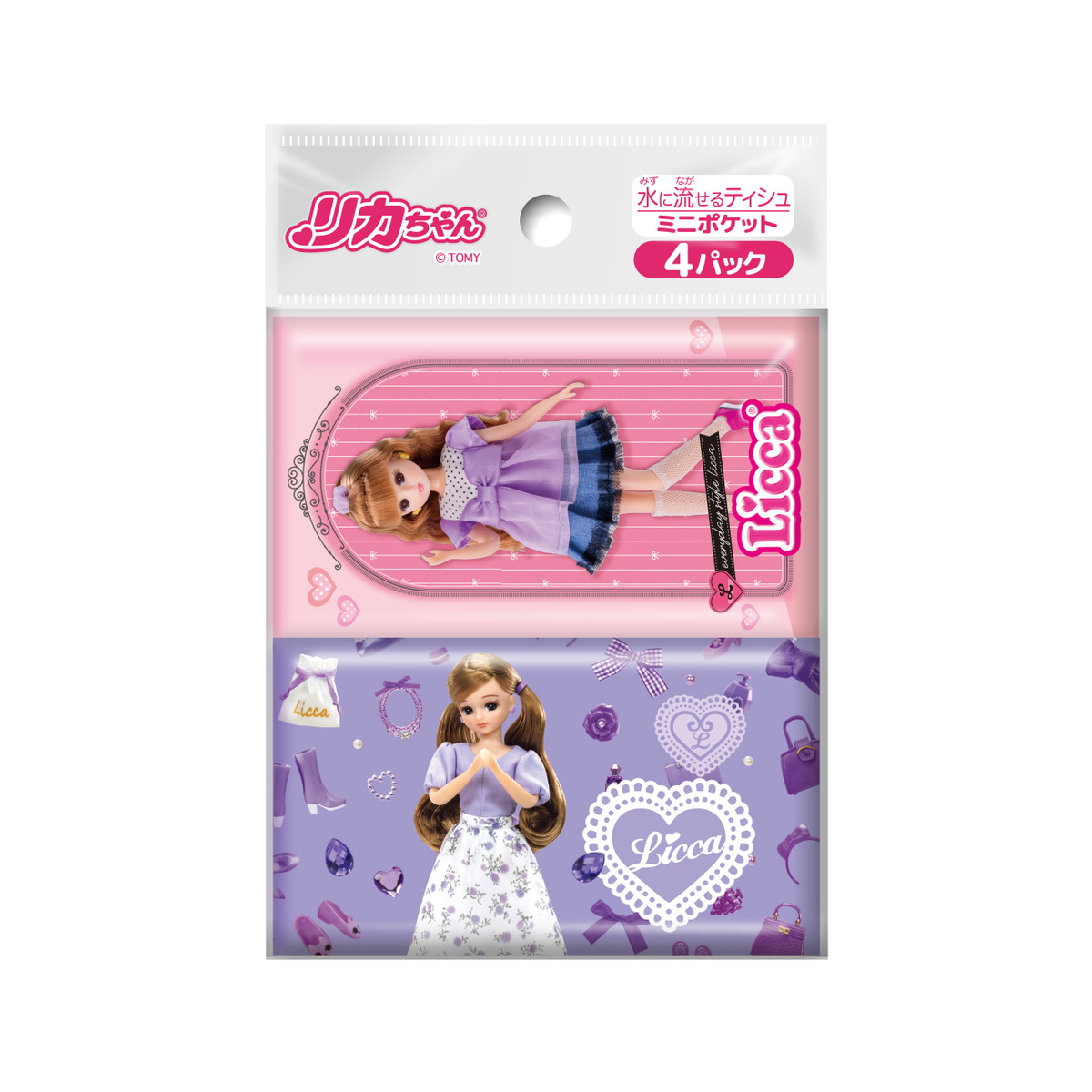 【送料込・まとめ買い×280個セット】ダイレイ リカちゃん 水に流せる ミニポケットティシュ 4パック