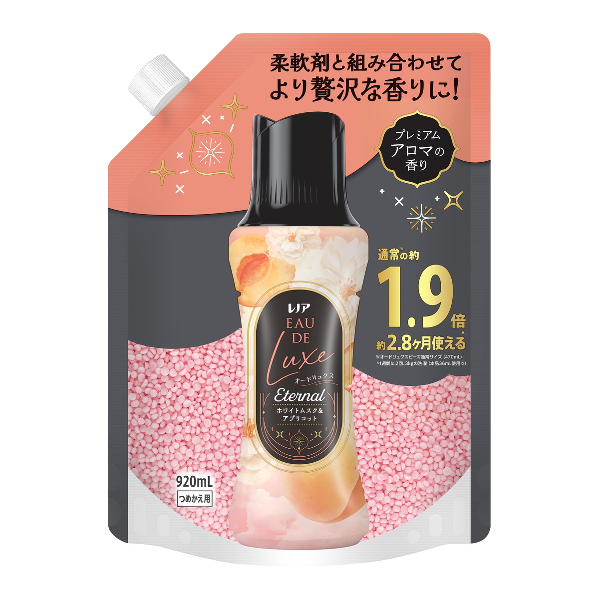 【送料込・まとめ買い×6個セット】P&G レノア オードリュクス アロマジュエル エターナルホワイトムスク & アプリコットの香り つめかえ用 特大サイズ 920mL 香りつけ剤|ケンコウlife