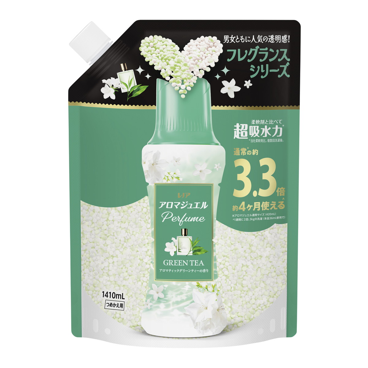 【送料込・まとめ買い×4個セット】P&G レノア アロマジュエル グリーンティーの香り つめかえ用 超特大サイズ 1410ml 洗濯 香りづけ ビーズ