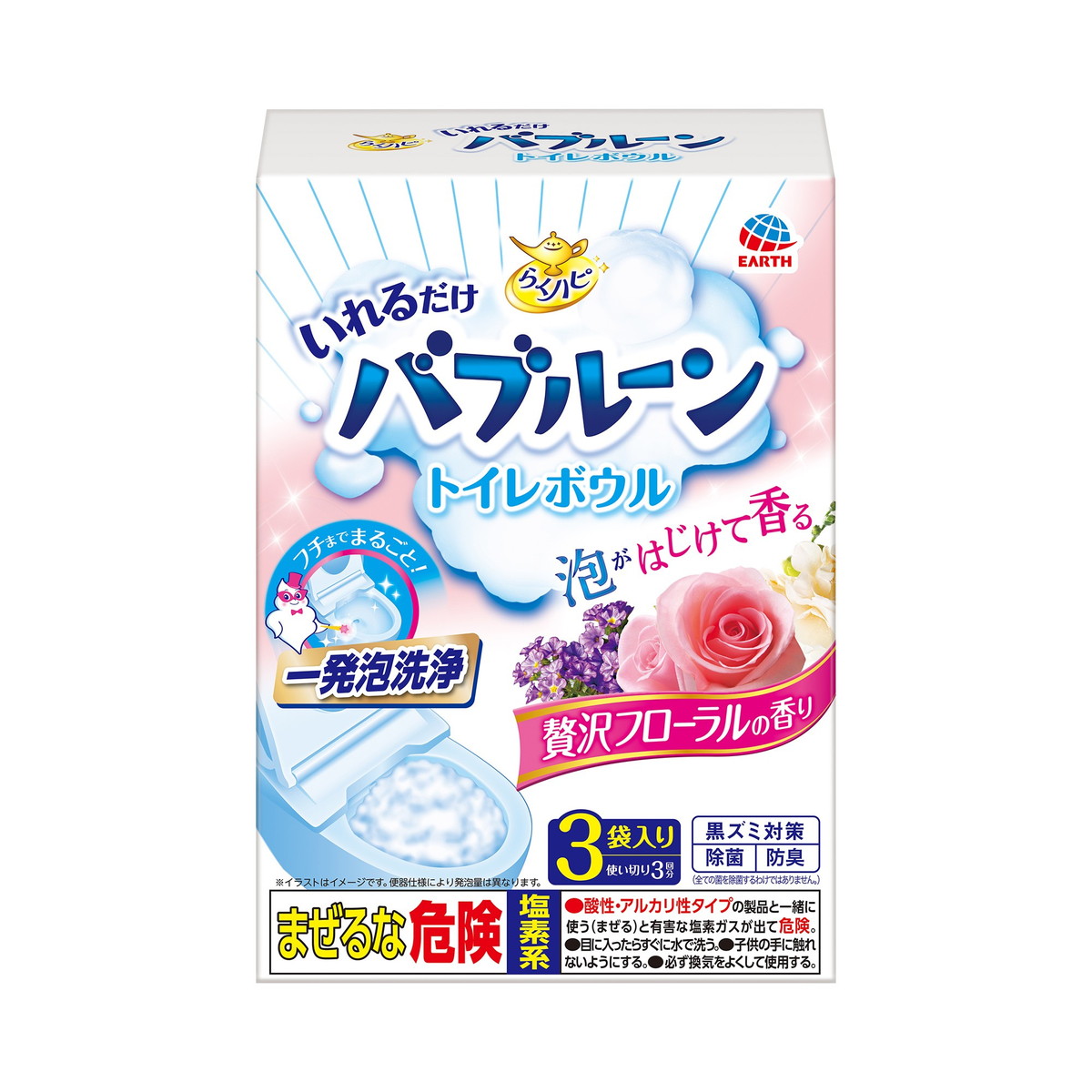 【送料込・まとめ買い&times;12個セット】アース製薬 らくハピ いれるだけ バブルーン トイレボウル 贅沢フローラルの香り 3袋入 トイレ用洗剤｜ケンコウlife