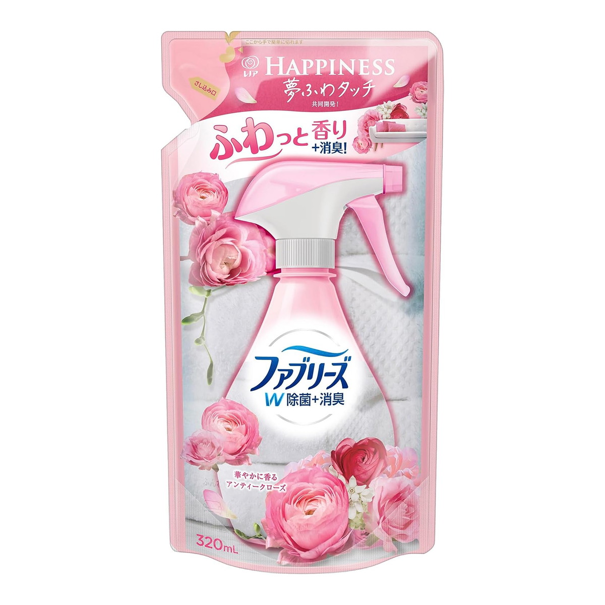 【送料込・まとめ買い×24個セット】P&G ファブリーズwithレノアハピネス アンティークローズ&フローラルの香り 詰替 320mL|ケンコウlife