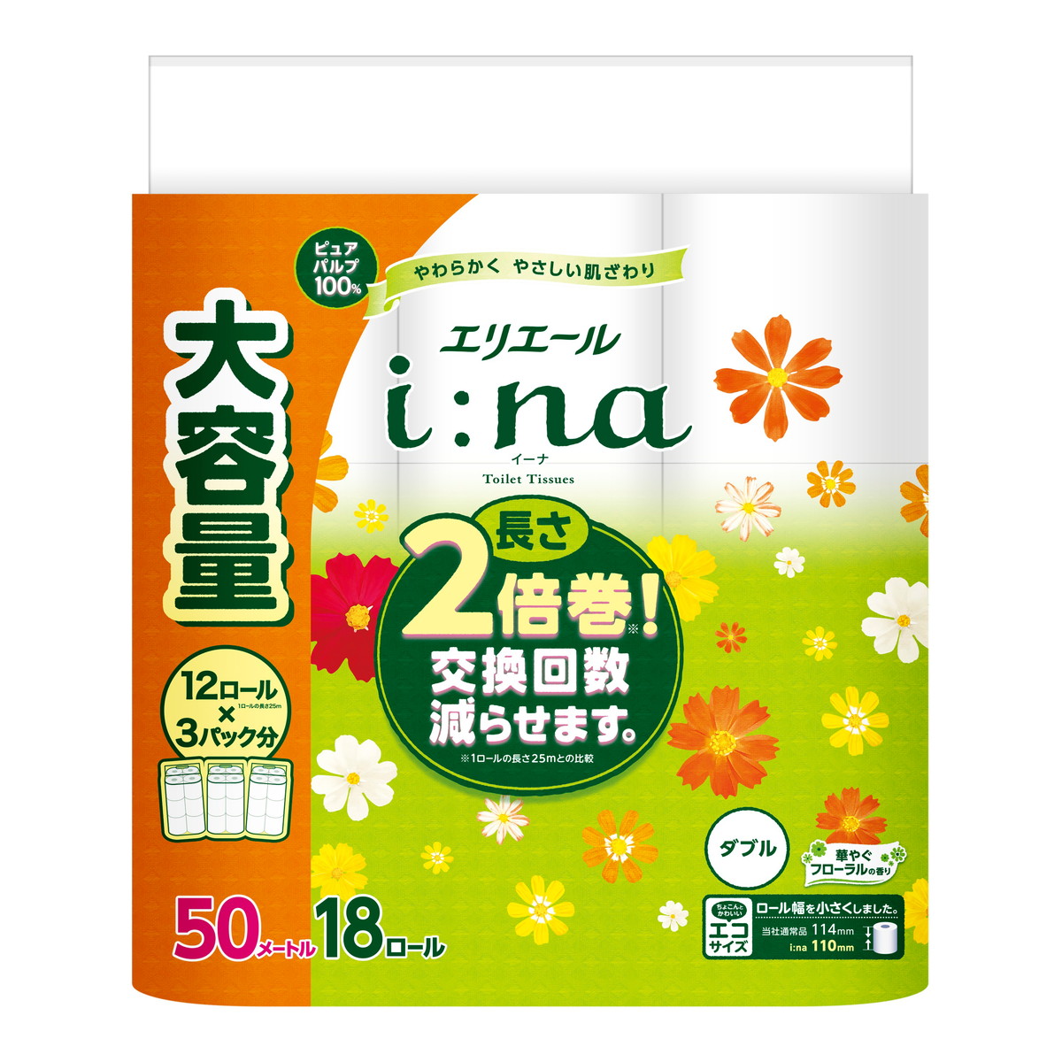 【送料込・まとめ買い×4個セット】大王製紙 エリエール i:na イーナ トイレットティシュー18ロール ダブル
