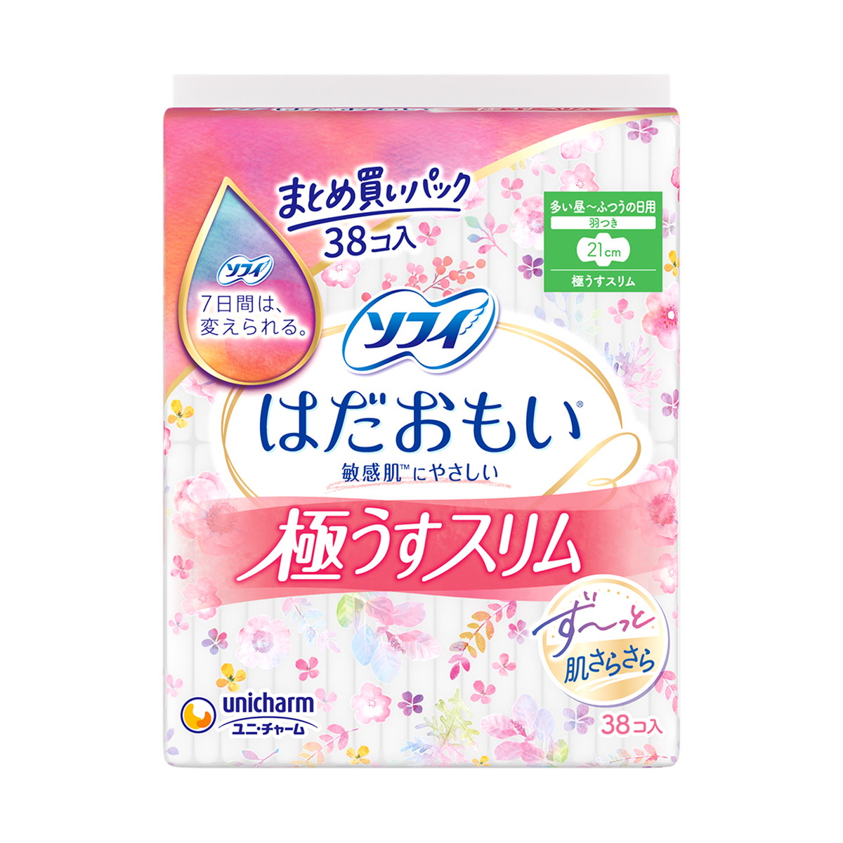 【送料込・まとめ買い×8個セット】ユニ・チャーム ソフィ はだおもい 極うすスリム 210 羽つき 38枚