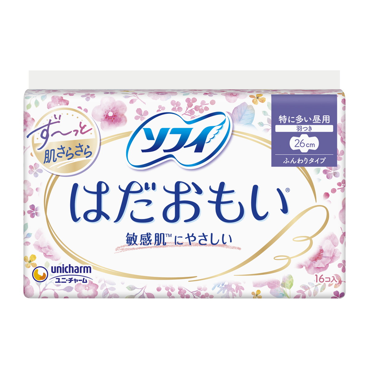 【×12袋セット送料込】ユニチャーム ソフィ はだおもい 特に多い日の昼 長時間用 26cm 羽つき 16枚入(生理用品・ナプキン)※パッケージ変更の場合あり【1ケース販売】