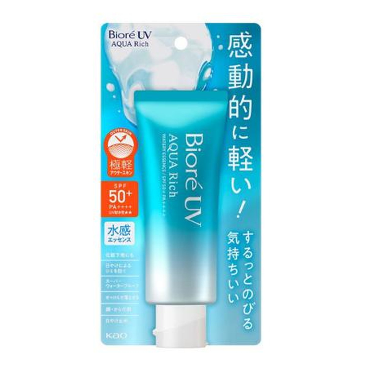Kao Biore UV Aqua Rich Watery Essence 70g is impressively light whether reapplied or layered! Water-sensitive UV sunscreen (4901301447647)
