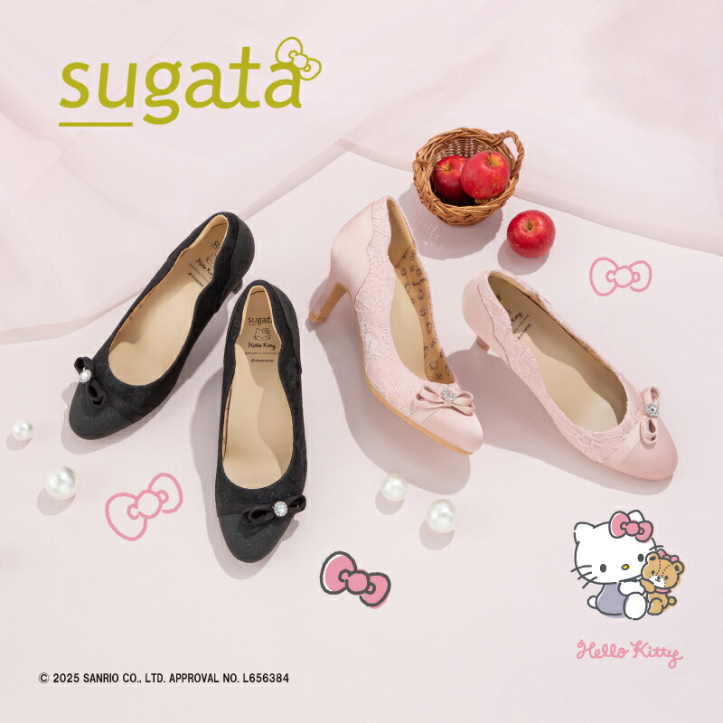 ムーンスター レディース パンプス サンリオ ハローキティコラボ 7cmヒール 歩きやすい 抗菌防臭 母の日 sanrio moonstar sugata スガタ【2025年春新作2月26日発売】MS SGTS404 ファブリックピンク ブラック画像