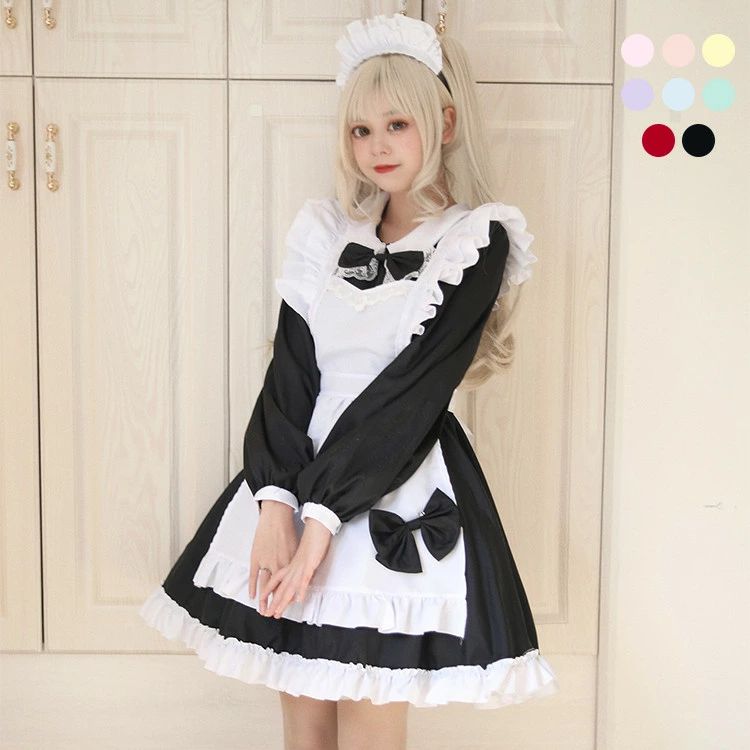 メイド服 ワンピース コスプレ ワンピ メイドカフェ メイド喫茶 ぽわん袖 ボウタイ フリル レース 長袖 正統派メイド レディース