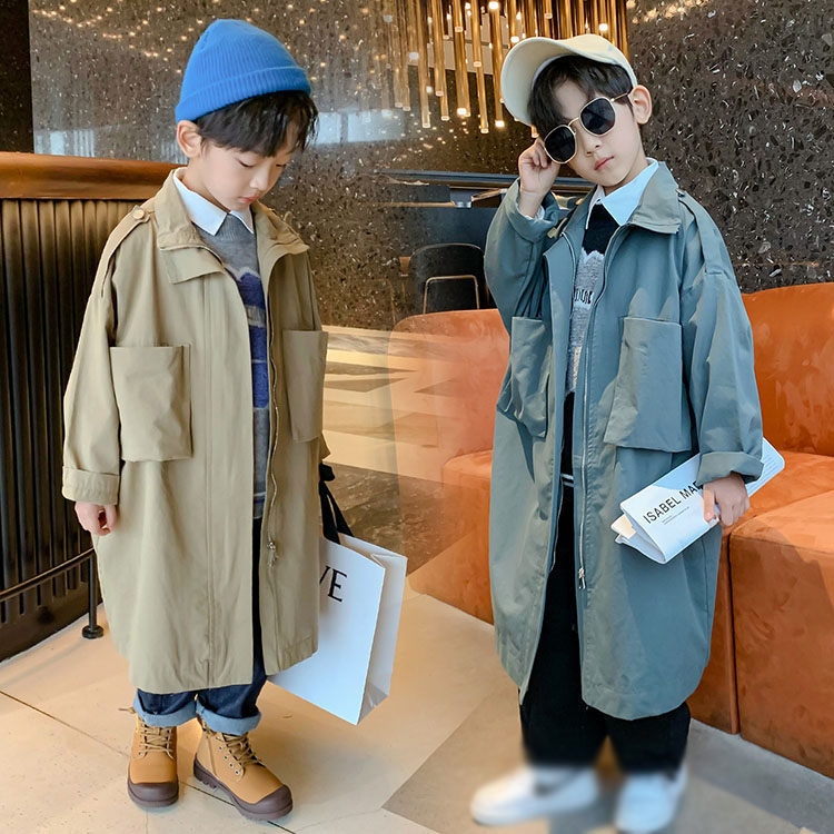トレンチコート 春秋 長袖 ベージュ ブルー キッズ 男の子 カジュアル ファション お出かけ カッコイイ ロング丈 110-170