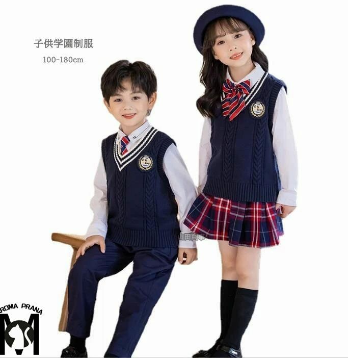 ベスト+パンツ+シャツ+ネクタイ/リボン 小学生 男の子 女の子 キッズダンス衣装 ニットベスト 子供イギリス風4点セットアップ