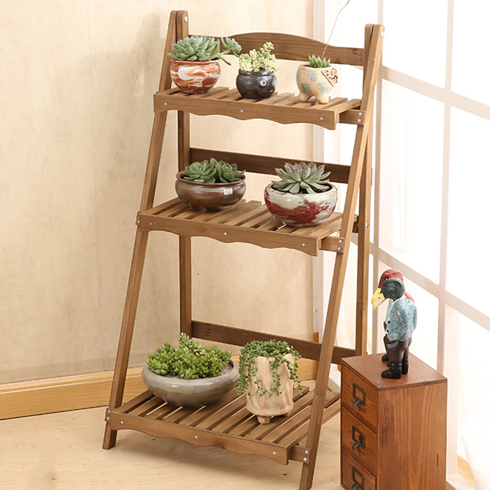 植物スタンド、3層フラワーラダー折りたたみ式ディスプレイ棚、プランターポットオーガナイザー屋内屋外ヤードガーデンパティオバルコニー用ガーデンシェルフ ブラウン｜スマイルスマイル