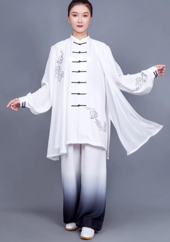 長袖 武術服 花刺繍 ゆったり 演舞服 カンフーウェア 武術 刺繍 太極拳 気功 上下