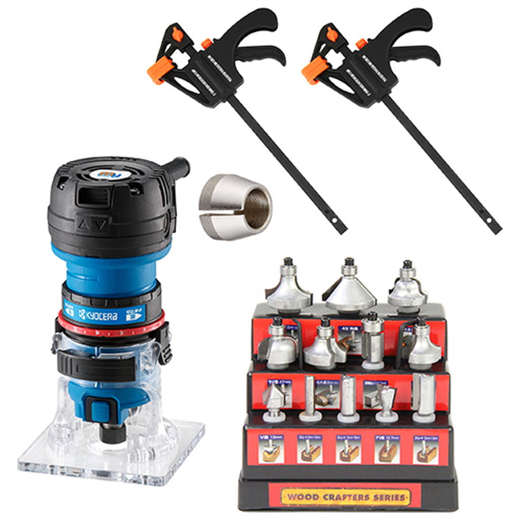 京セラ(リョービ) トリマー MTR-42 628618A(4960673627903) & コレットチャック1/4インチ(6.35mm) 6075857(4960673707117) & ウッドクラフター 超硬ルータービットセット TRB-12S(4977292386654) & E-Value クイックバークランプ ERC-150S(4977292233262)のセット