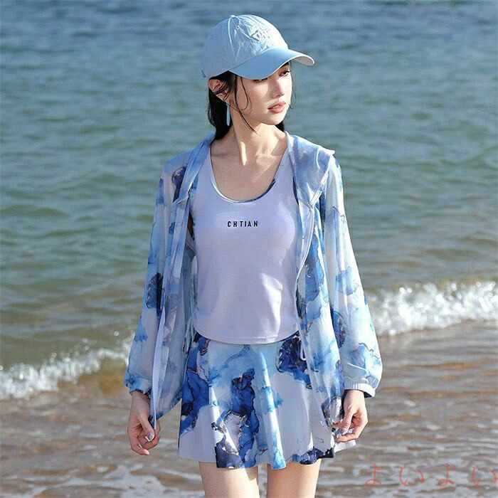 【送料無料】水着 大きいサイズ タンキニ レディース 体型カバー 3L 4L ぽっちゃり 中学生 高校生 3点セット ラッシュガード フード付き ママ水着 セパレート ショートパンツ