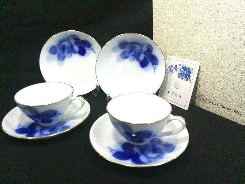 s25g-356kx【中古】大倉陶園 ﾌﾞﾙｰﾛｰｽﾞ 2客 ﾄﾘｵｾｯﾄ ｶｯﾌﾟ\u0026ｿｰｻｰ ｹｰｷ皿 #8211 30CR/35HR【9800円以上で沖縄・離島も貨物輸送無料】