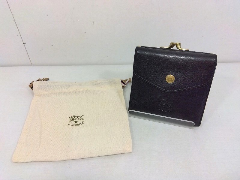 26g-610k【中古】IL BISONTE イルビゾンテ　ウォレット　二つ折り財布　がまぐち　レザー　411277　ブラック　箱なし【9800円以上で沖縄・離島も送料無料】｜四次元　ねっとフリマ