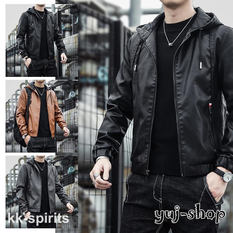 楽天市場】レザー フード付き メンズ パーカー PU革ジャン ライダース