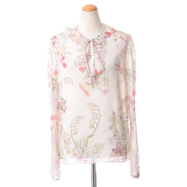 ジャンバティスタ ヴァリ (Giambattista Valli) フリルリボン長袖ブラウス シルクシフォン ホワイトプリントgvc18626avorio 2018SS レディース春夏新作 送料無料 正規取扱｜ヨコアンティ