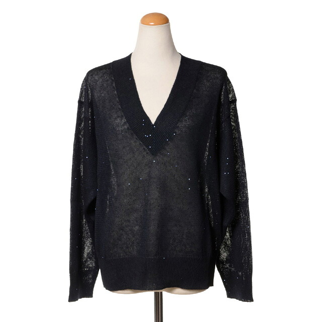 ブルネロクチネリ (Brunello Cucinelli) Ｖのど首スウェーター リネン綿織物 ダークネイビー\u003cbr /\u003emdt746412c422403\u003cbr /\u003e 2026SS レディース春夏新作 貨物輸送無料 置き目取りまわし