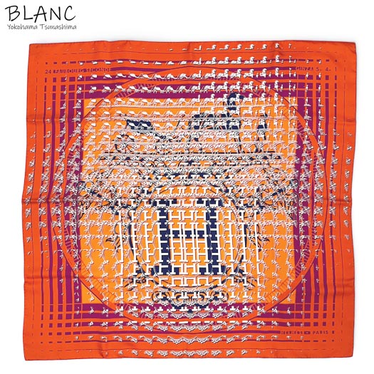 エルメス カレ90 えり巻き 24 FAUBOURG SECONDE 絹地100％ オレンジ色 マルチ HERMES 横浜BLANC【中古】