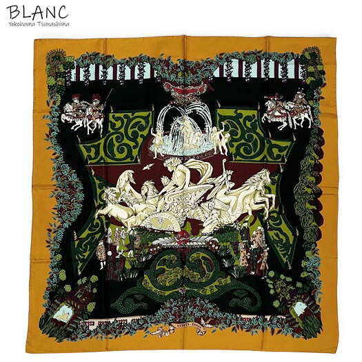 エルメス カレ90 えり巻き 王のエデンの園 絹地100％ オレンジ色 マルチ HERMES 横浜BLANC【中古】