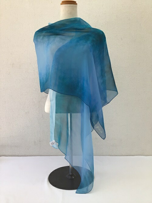 シフォンロングストール　シルク100%　画家渡邊智美さんの作品　Imagine　を元にデザインした優しく透明感のあるブルーグリーン