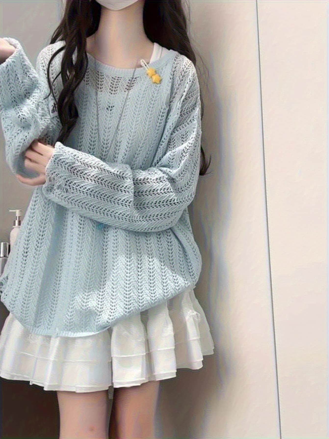 【25%OFFクーポンあり】【透かし編み】メッシュニット レディース サマーニット セーター ダメージ加工 トップス クルーネック 丸首 長袖 オーバーサイズ ゆったり 体型カバー 華奢見え 着痩せ カジュアル Ｙ２Ｋ 重ね着 レイヤード 日焼け対策 冷房対策 春 夏 秋 水色 白 黒
