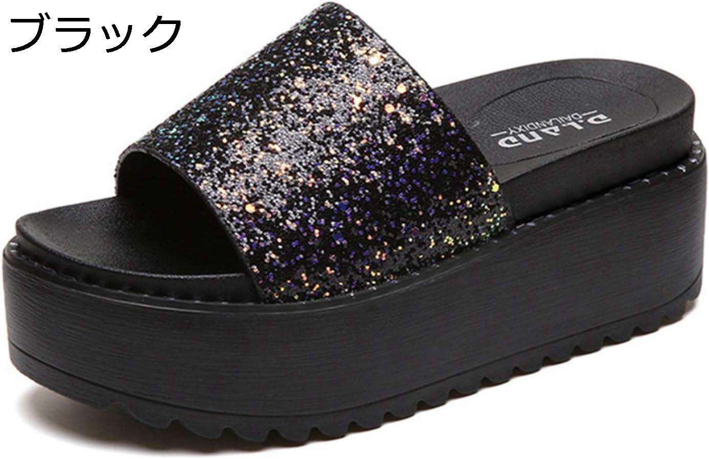 【20%OFFクーポン～】厚底サンダル サンダル 厚底 7cmヒール キラキラ レディース 疲れない 痛くない クッション ふわふわ ウェッジサンダル ミュール レディースサンダル ウエッジソール 黒 軽量 厚底ウェッジソールサンダル パーティー リゾート