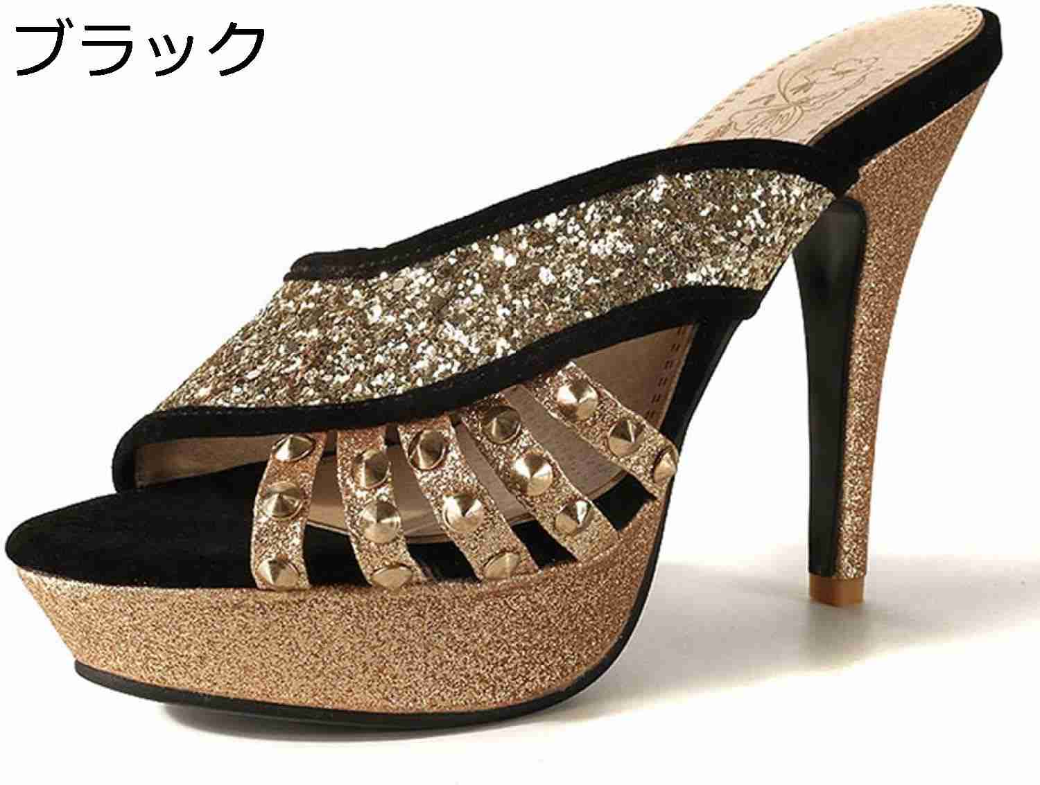 【20%OFFクーポン～】ミュール サンダル レディース ヒール 歩きやすい 美脚 ピンヒール オープントゥ キラキラ ブラック レディース 靴 ストーム 厚底 10cmヒール ハイヒール グリッター スリッパサンダル 春夏 パーティー キャバ