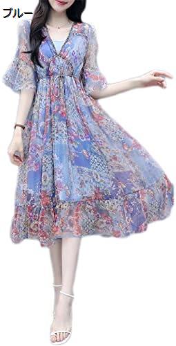 【20%OFFクーポン～】ワンピース レディース ドレス シフォン 韓国ファッション ワンピース 花柄ドレス 半袖 二次会 カジュアル ロングワンピース ドレス ロング 体型カバー きれいめ 春夏 ドレスフォーマル 二次会 エレガント 上品 aライン 結婚式 vネック｜Yokos