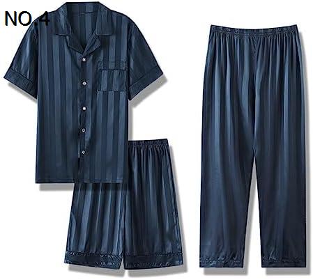 【20%OFFクーポン～】パジャマ メンズ 半袖長ズボン シルク ストライプ/英字柄 3セット 夏 前開き ルームウェア 大きいサイズ ゆったり 通気性 部屋着 寝間着 良い肌触り 彼氏/旦那/父誕生日プレセント 寝巻き 便利服 リラックス