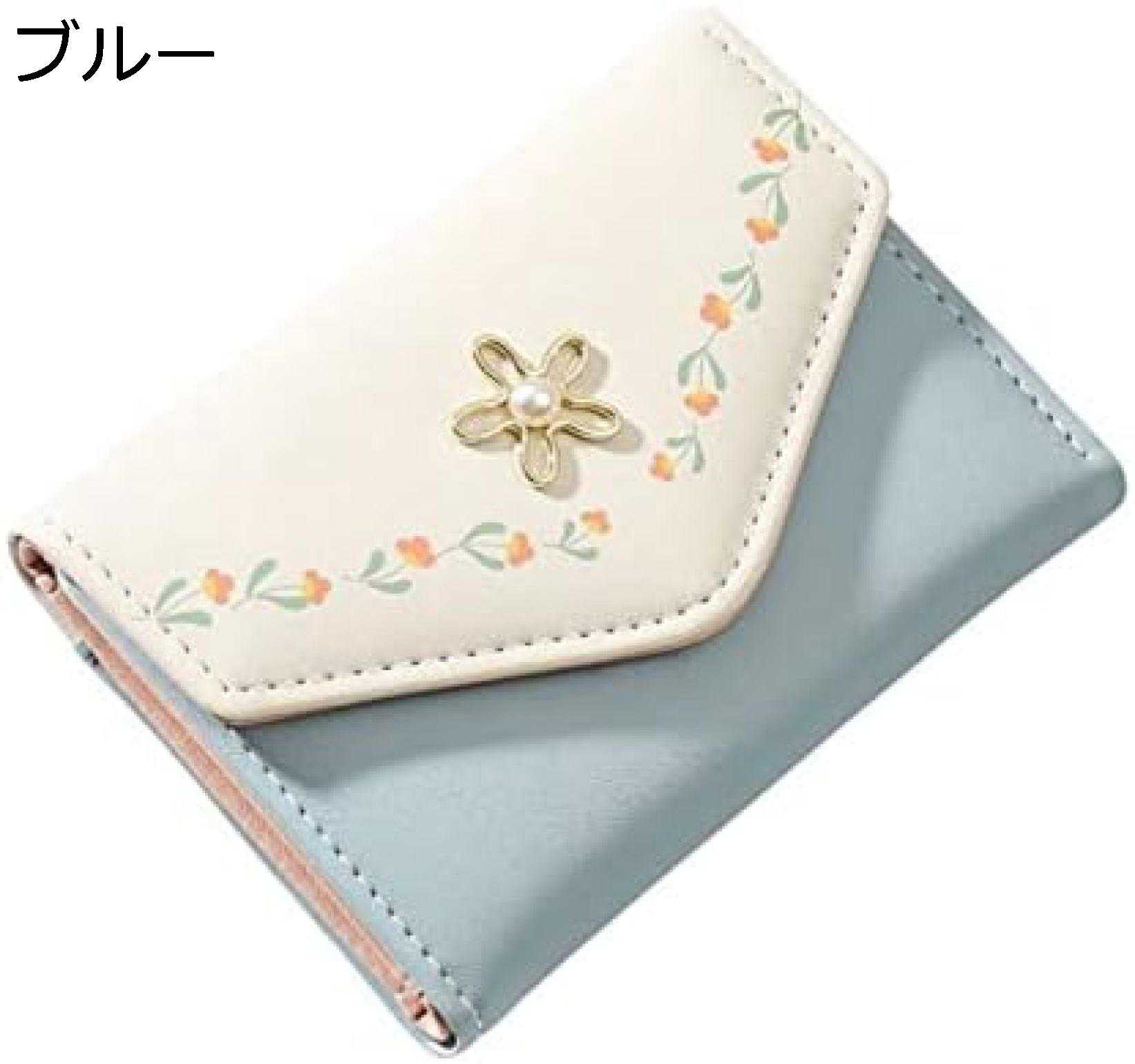 【20%OFFクーポン】レディース 財布 三つ折り ミニサイズ 花柄 ボタン 大容量 小銭入れ カード入れ 多機能 使いやすい お札が折れない 軽い コインケース ブルー PUレザー ウォレット かわいい 贈り物 おしゃれ 誕生日