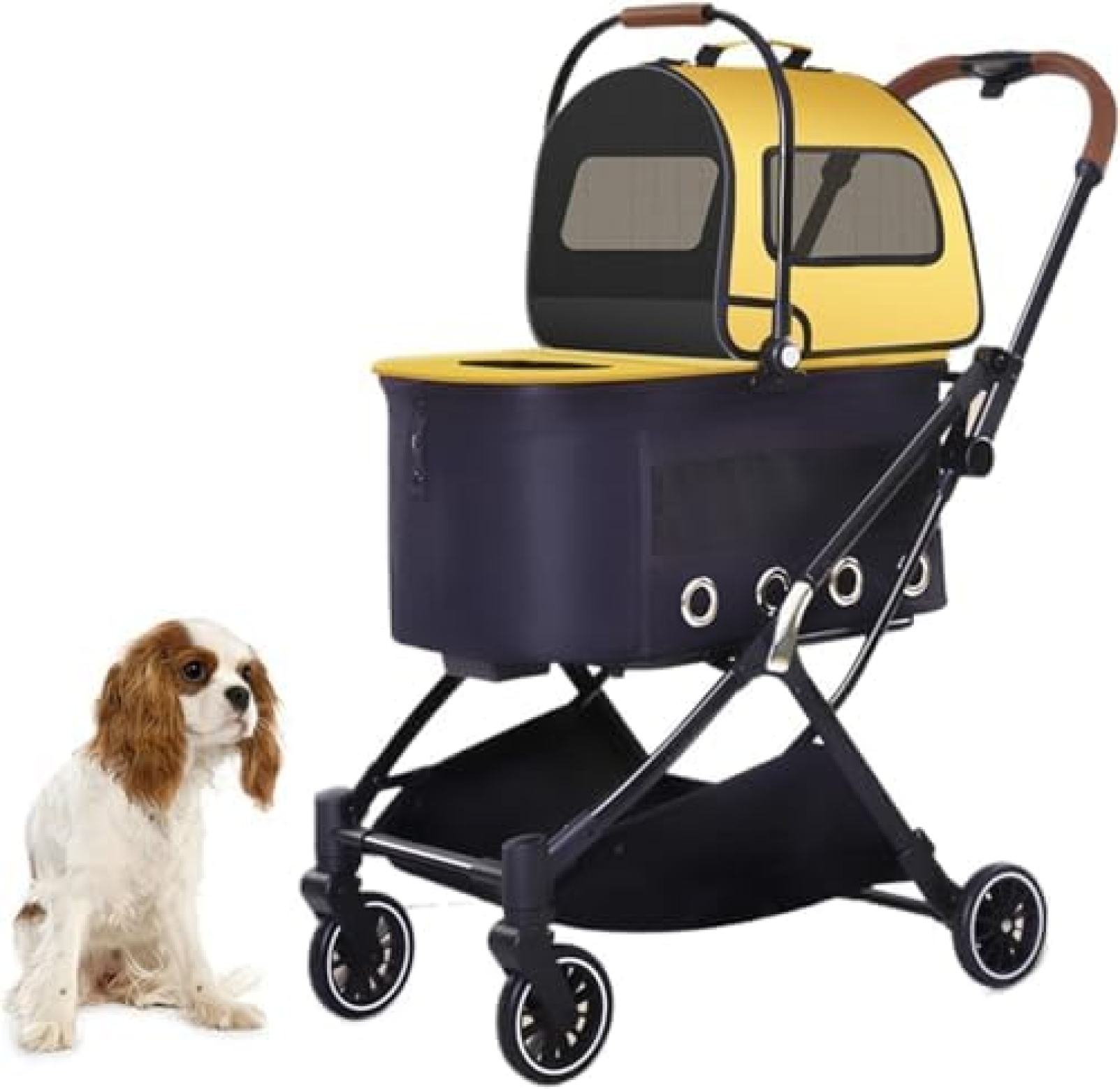 【20%OFFクーポン～】ペットカート 犬用ベビーカー 小型犬2匹用 猫用ベビーカー 取り外し可能なキャリアと収納バスケット付き 折りたたみ式軽量ペットトラベルベビーカー