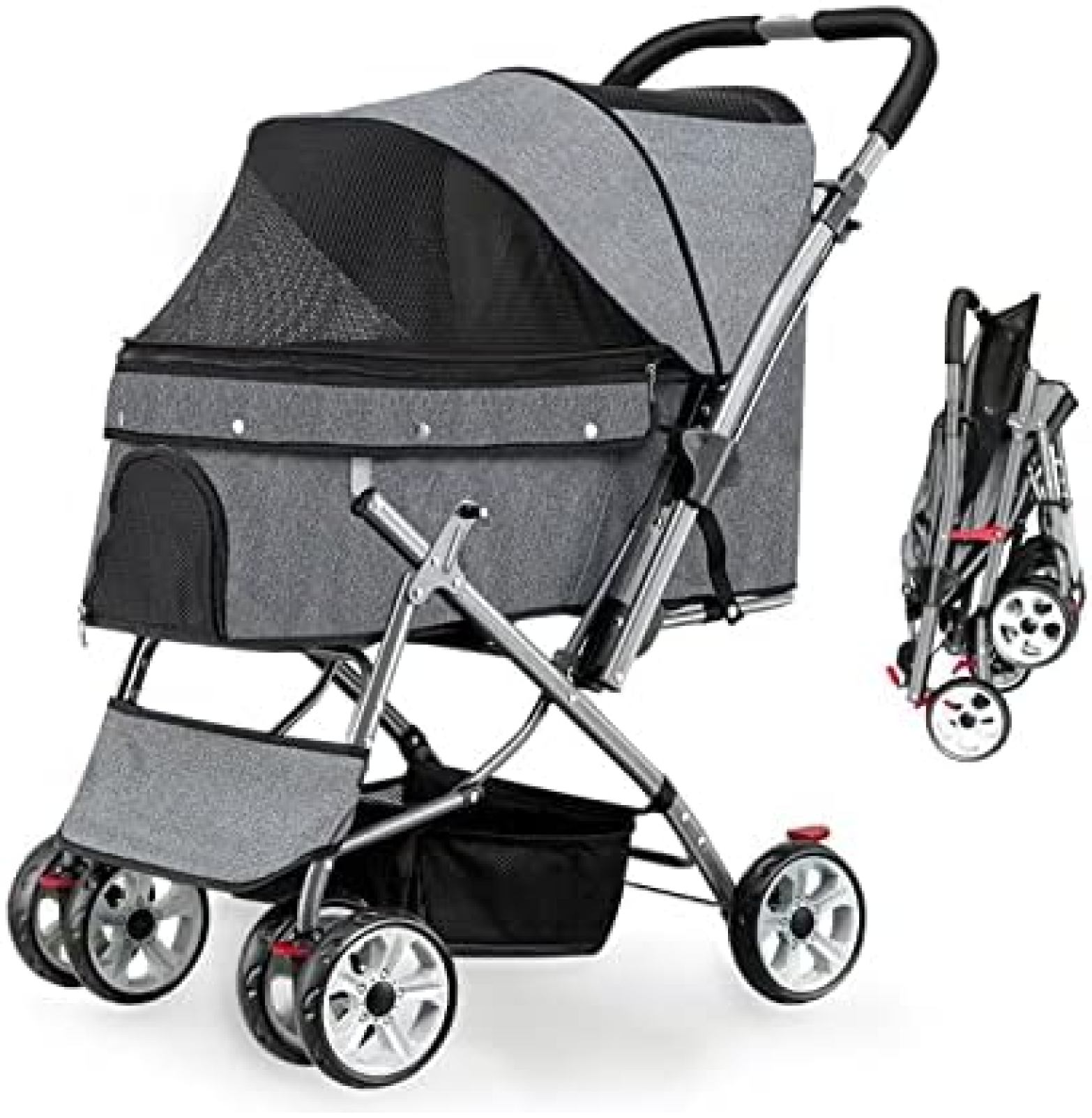 【20%OFFクーポン～】ペットカート ペット用ベビーカー 犬用ベビーカー 猫用ベビーカー 大型中型犬旅行バギー用ペットベビーカー、犬と猫の散歩カート用の収納バスケット付き4輪折りたたみ式犬用ベビーカーベビーカー
