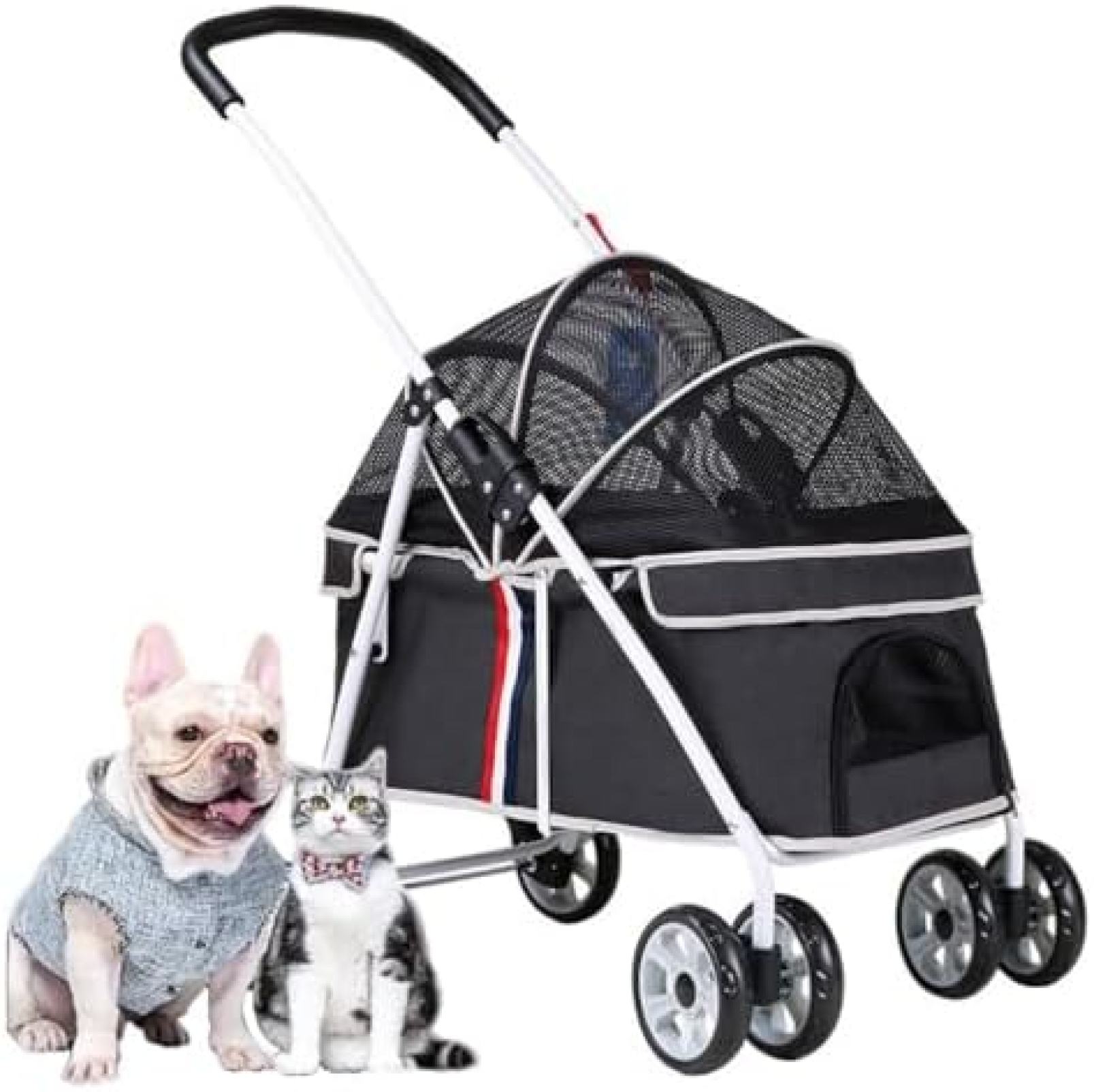 【20%OFFクーポン～】小型/中型犬用軽量ペットトラベルベビーカー、猫用ベビーカー折りたたみペットキャリッジジッパーレスエントリー犬用ベビーカーベビーカー、調節可能な日よけ、クッション付き