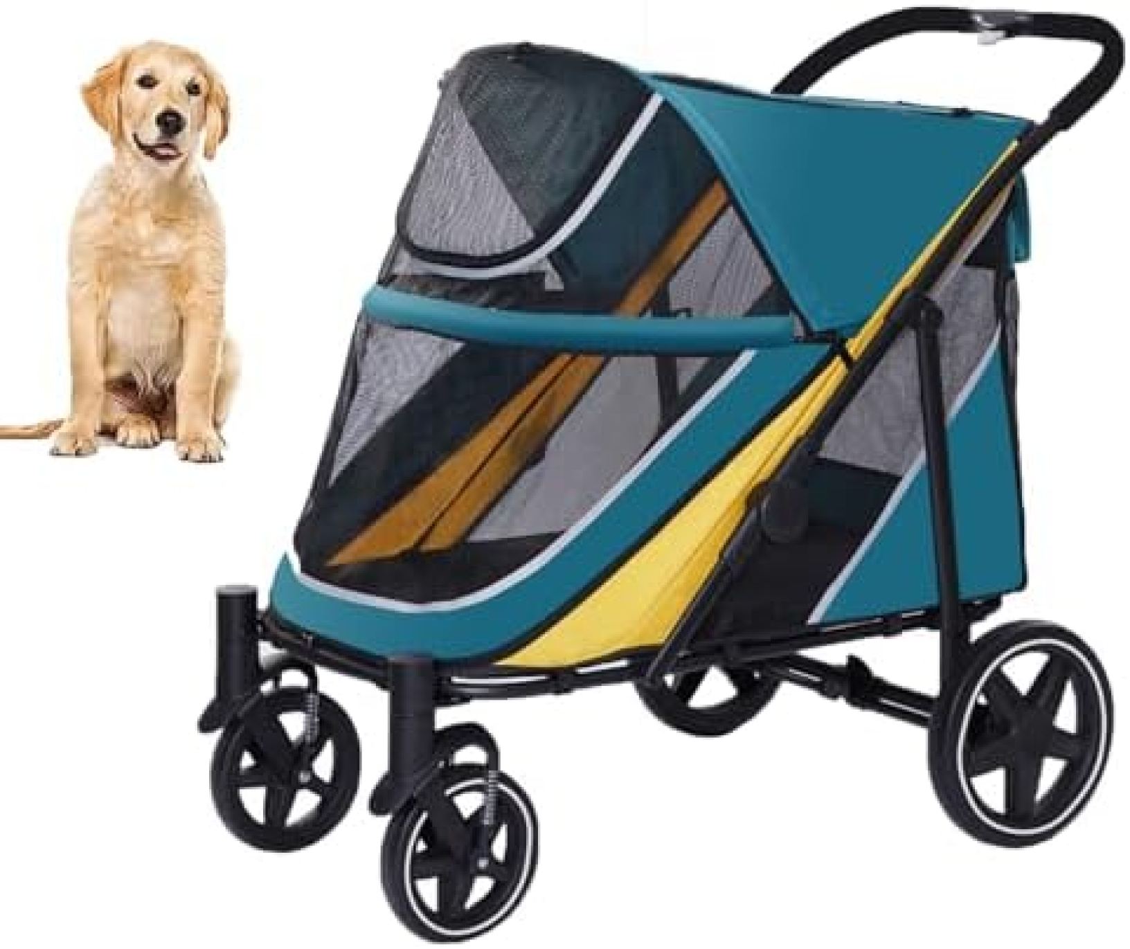 【20%OFFクーポン～】ペットカート 中型犬用 犬用ベビーカー 簡単に折りたためるデュアルエントリードッグワゴン - ワンフットブレーキ - 大型通気性メッシュとサンルーフ - 80ポンドまでの中型大型シニア犬用全地形対応
