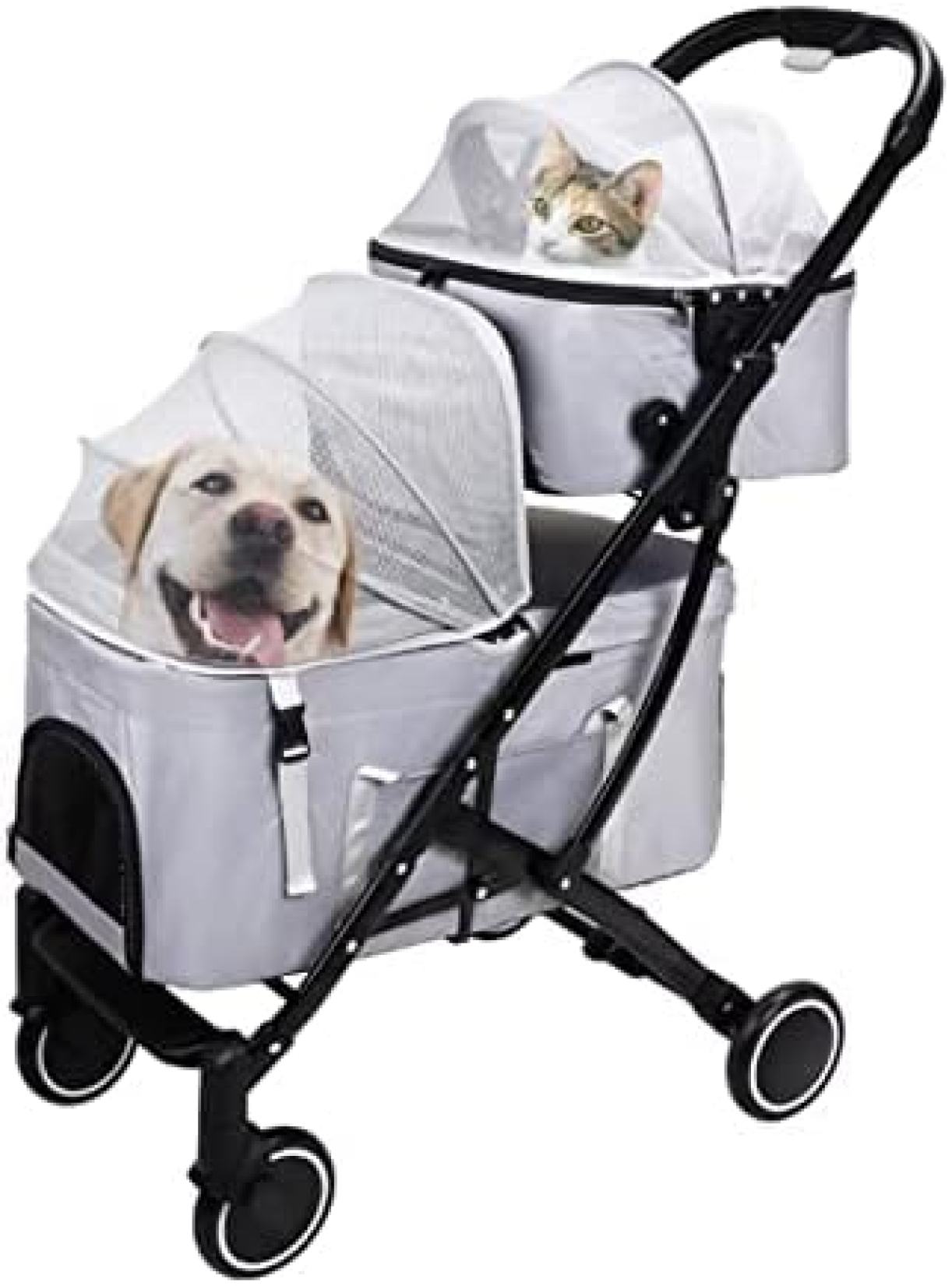 【20%OFFクーポン～】ペットカート ベビーカー バギー 犬 猫 多頭 二段式犬用ベビーカー 犬用と猫用のダブルセパレートキャビンバスケット 小型および中型のペットトロリーカート 調節可能なオーニング付き折りたたみ式犬用乳母