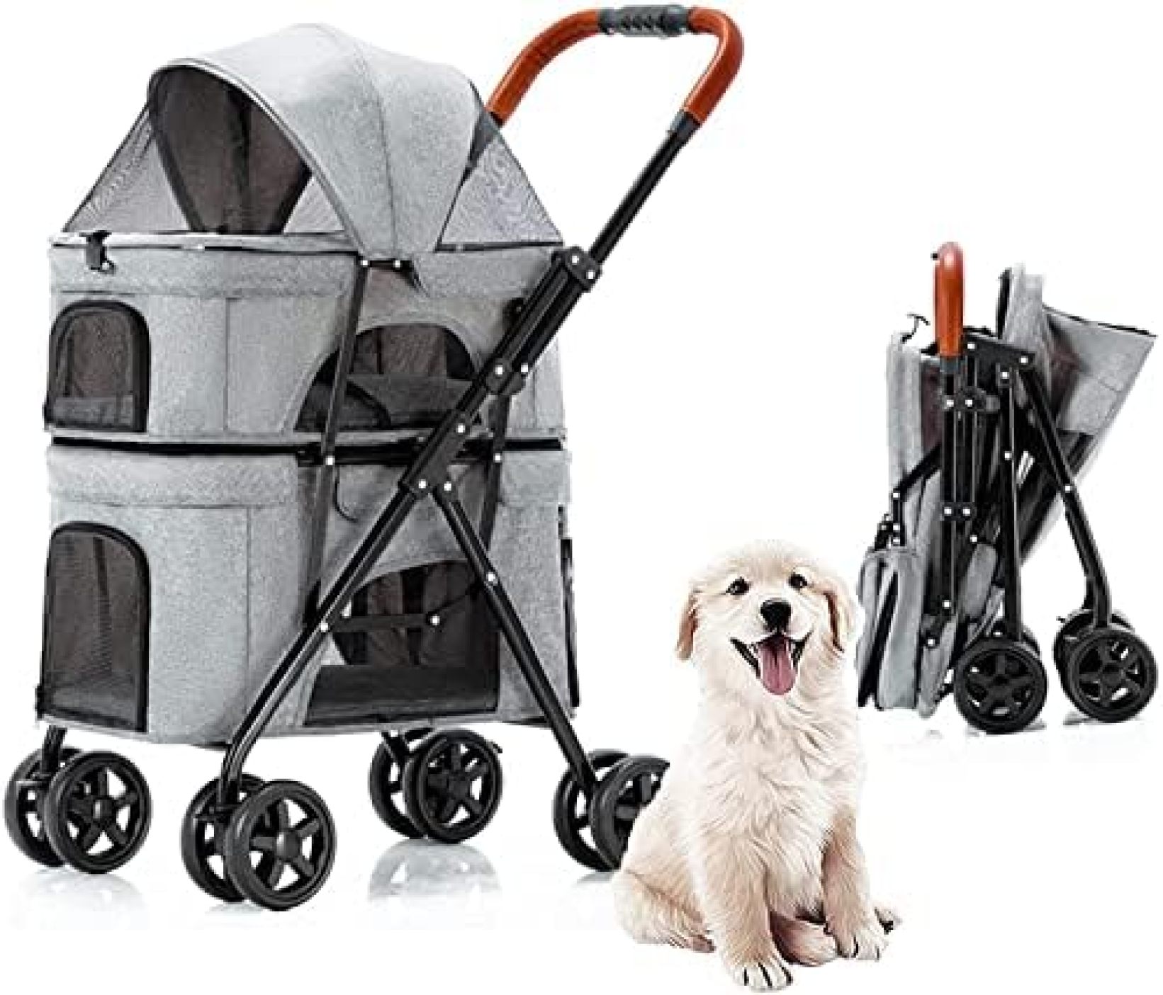 【20%OFFクーポン～】ペットカート ベビーカー バギー 犬 猫 多頭 犬用ベビーカー 多機能 軽量 折りたたみ 組み立て簡単 上層は耐荷重10KG 下層は耐荷重10KG犬用ベビーカー 前輪360°回転 後輪ブレーキ付中型