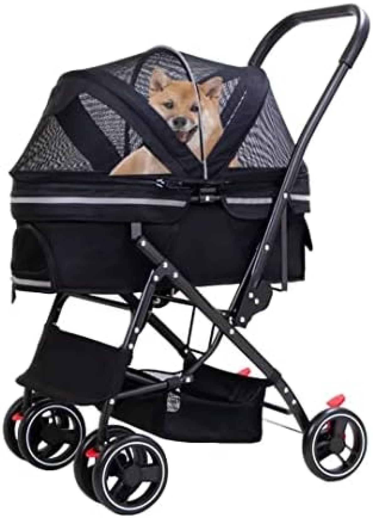 【20%OFFクーポン～】ペットカート ベビーカー バギー 犬 猫 多頭 ボトムバスケット付き犬用ベビーカーカート ワンクリック折りたたみ式ペット用ベビーカーベビーカー ユニバーサルホイールとブレーキ付き犬用乳母車トロリー ア