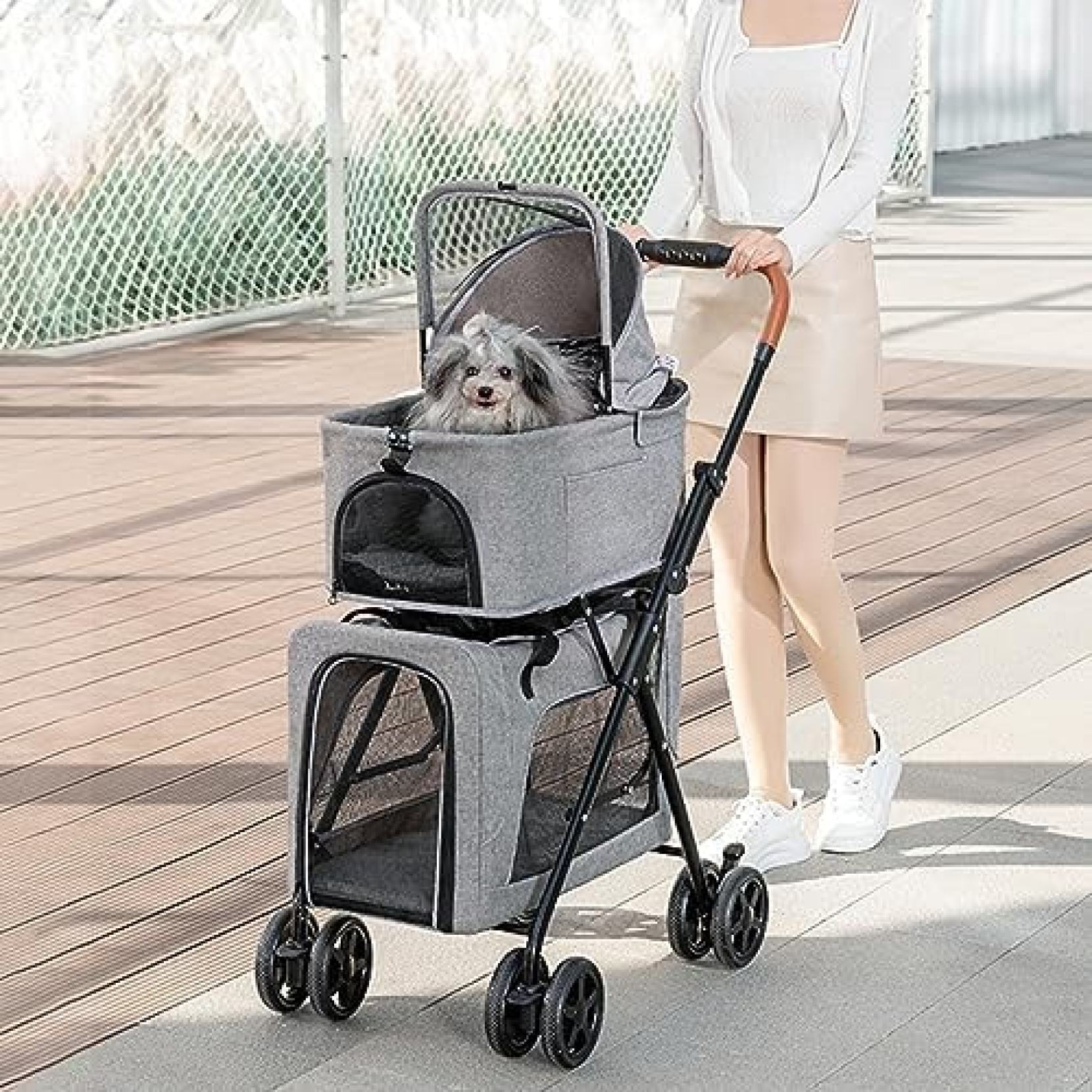 【20%OFFクーポン~】ペットカート ベビーカー バギー 犬 猫 多頭 ダブルデッカーペットベビーカー 2匹の犬用の犬用ベビーカー 通気性と目に見えるメッシュでオールシーズンワンクリックで折りたたみ ペットの旅行にジッパーエ