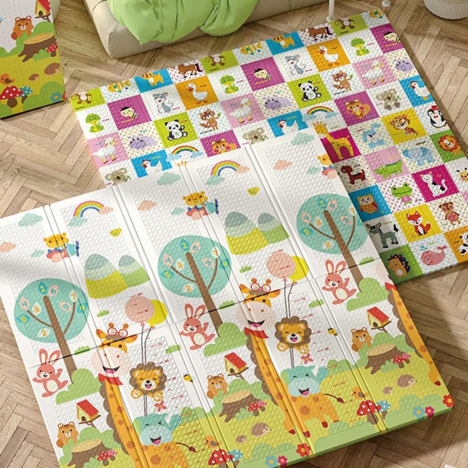 プレイマット 180*200*2cm 子供 薄手 遊びな 学べる 楽しい キッズ用プレイマット 折りたたみ 可愛い ジョイントマット 厚手 清掃簡単 おしゃれ 両面パターン XPE素材 出産祝い ルー
