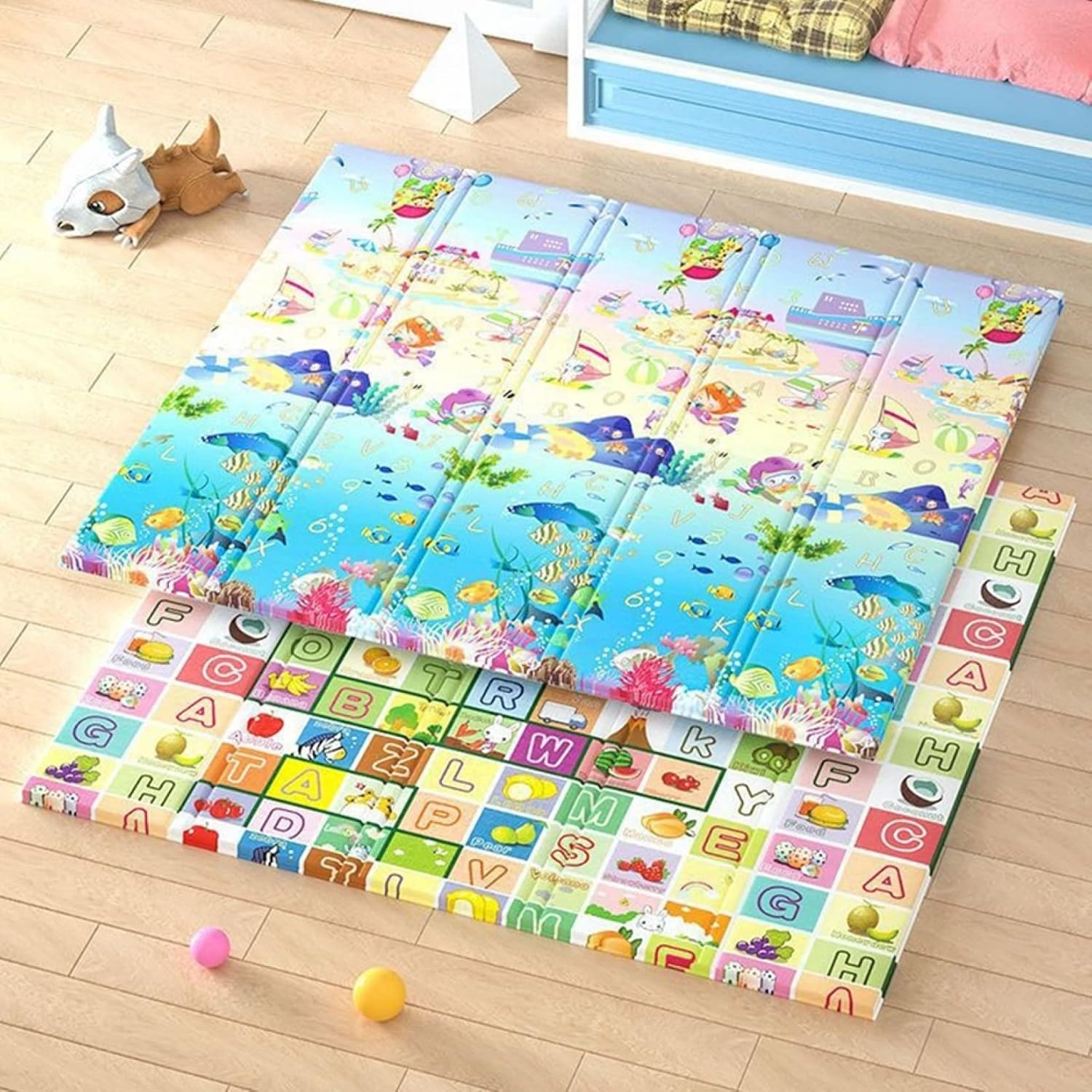 ベビープレイマット 200*180*1cm 折りたたみ 子供 薄手 厚手 キッズ用プレイマット 清掃簡単 衝撃緩和 学べる 遊び 両面使用可 ジョイントマット 転倒防止 おしゃれ 収納 出産祝い ルー
