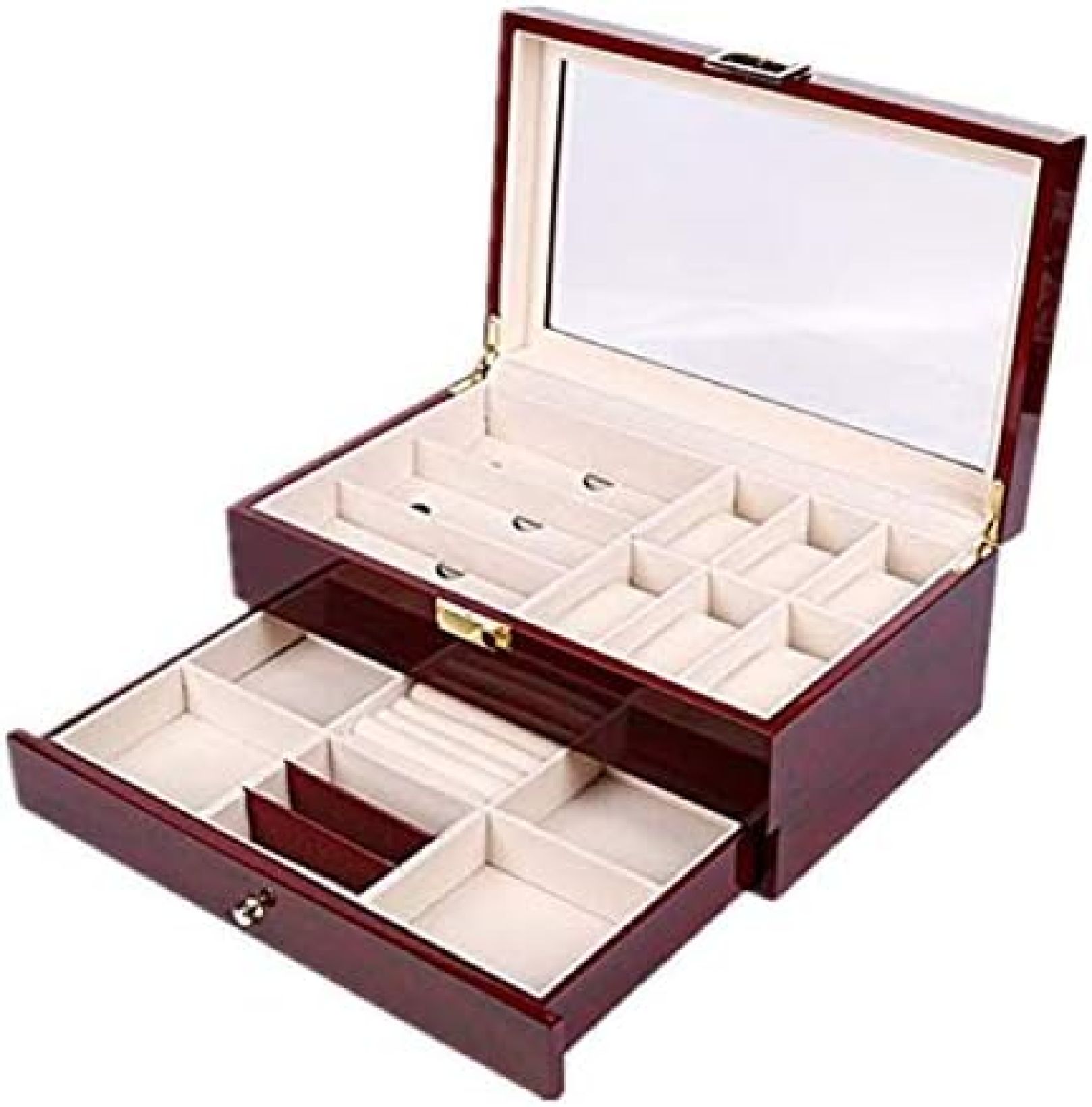 【20%OFFクーポン～】腕時計収納ケース 木製 メガネ 時計ケース 二段階 コレクションケース レッド ジュエリーケース