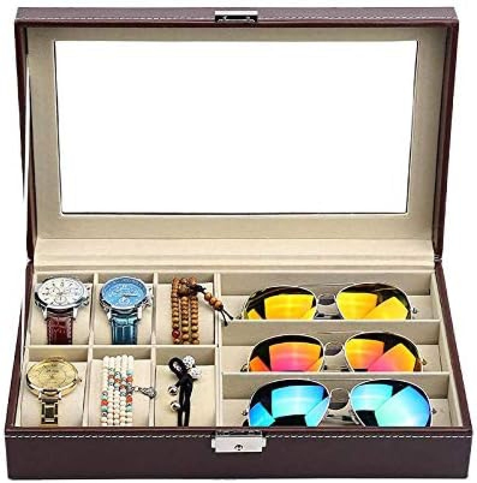 【20%OFFクーポン～】男性女性用ウォッチボックス、ジュエリーボックスギフトトラベルコレクション眼鏡収納ボックス、ロック付きマルチセルジュエリーボックス、30 * 20.5 * 8cm