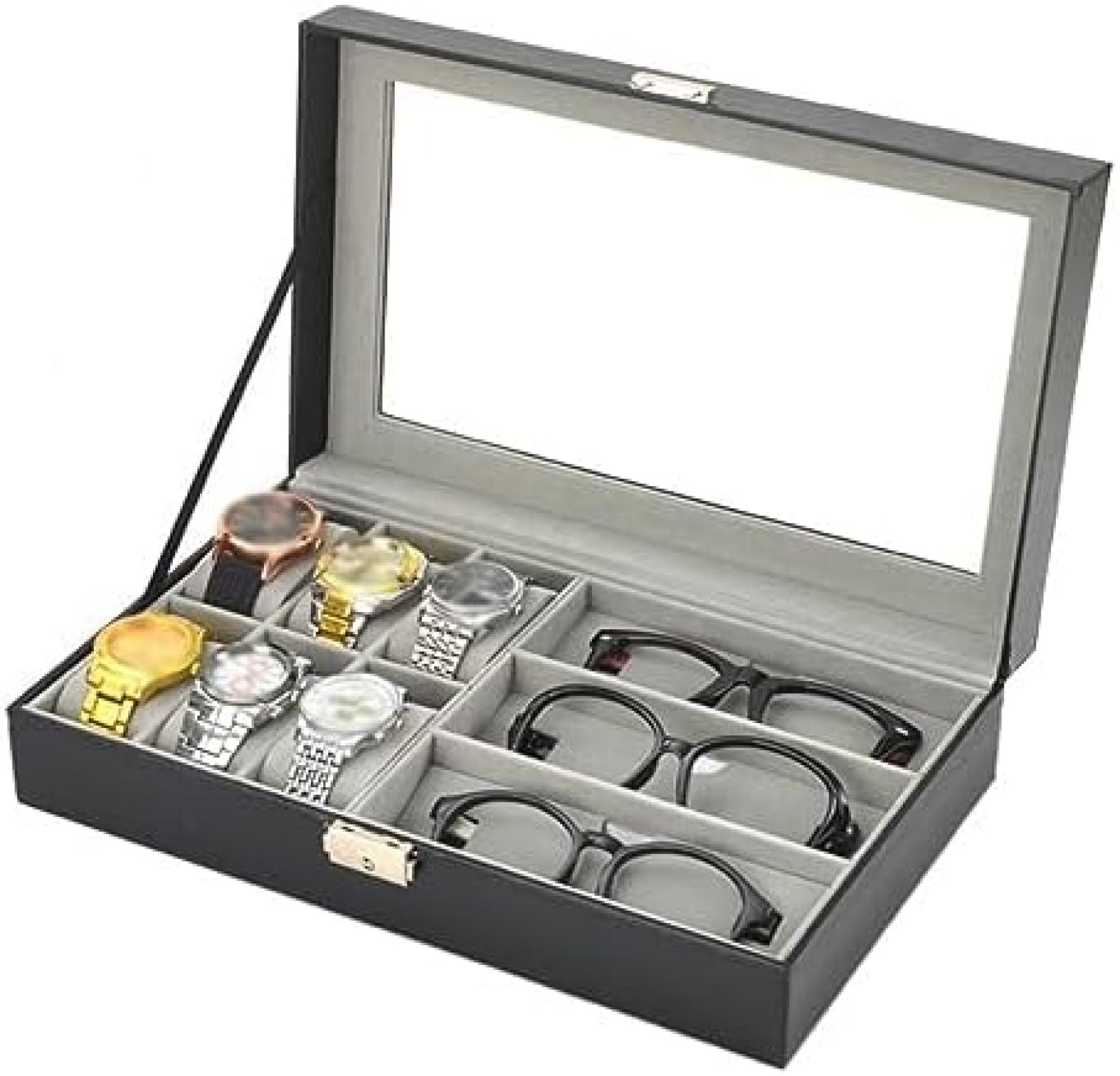 【20%OFFクーポン～】腕時計収納ケース 眼鏡収納 コレクションケース 腕時計収納ボックス ディスプレイ サングラス 眼鏡ケース ウォッチボックス PUレザー製 時計ケース 高級 6本 ブラック