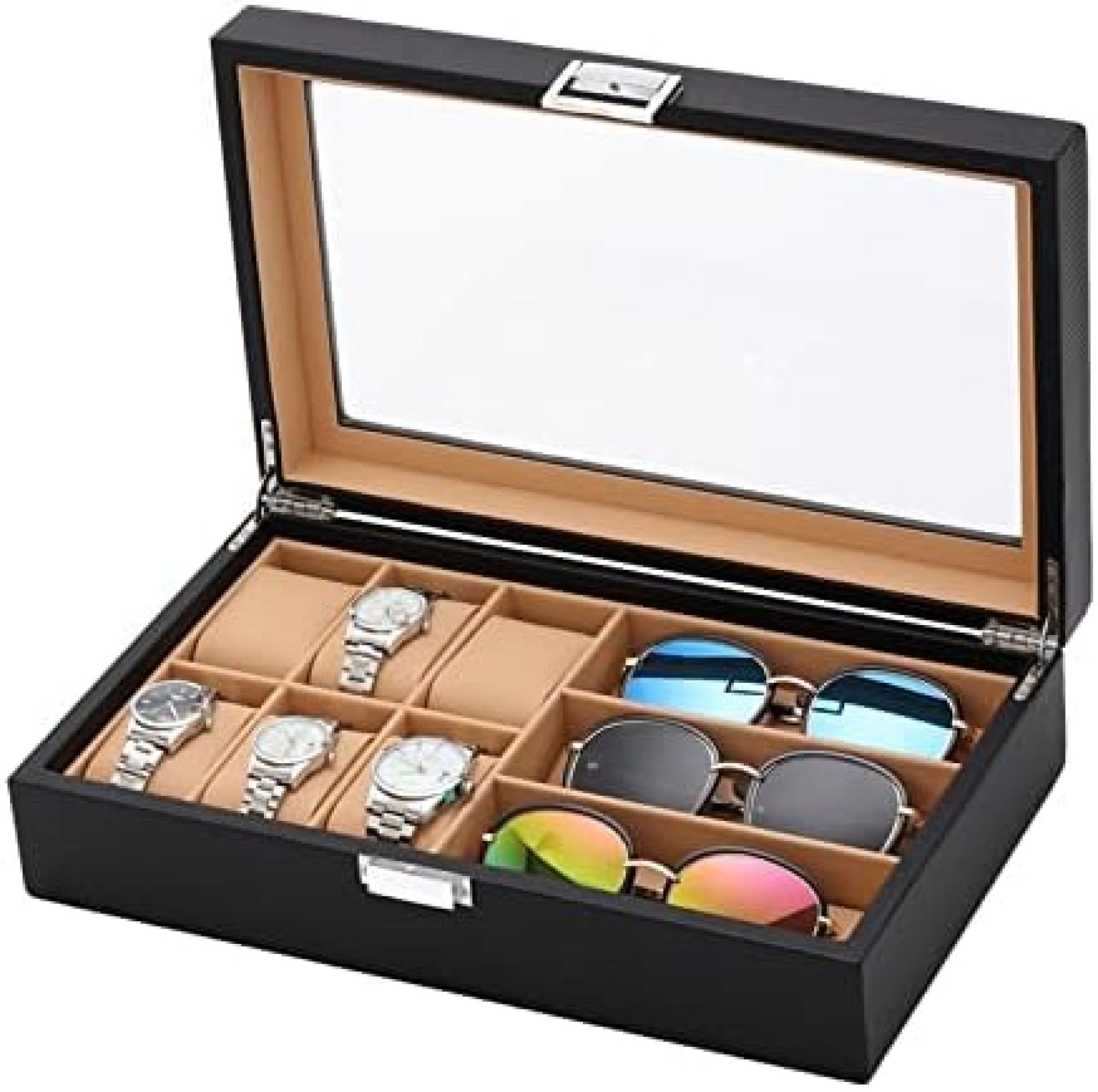 【20%OFFクーポン～】サングラス収納ケース メガネ収納ボックス6ビットウォッチボックスメガネ収納ボックスカーボンファイバー puレザーウォッチ収納ボックス 収納整理 眼鏡ケース 35x20x8.5CM